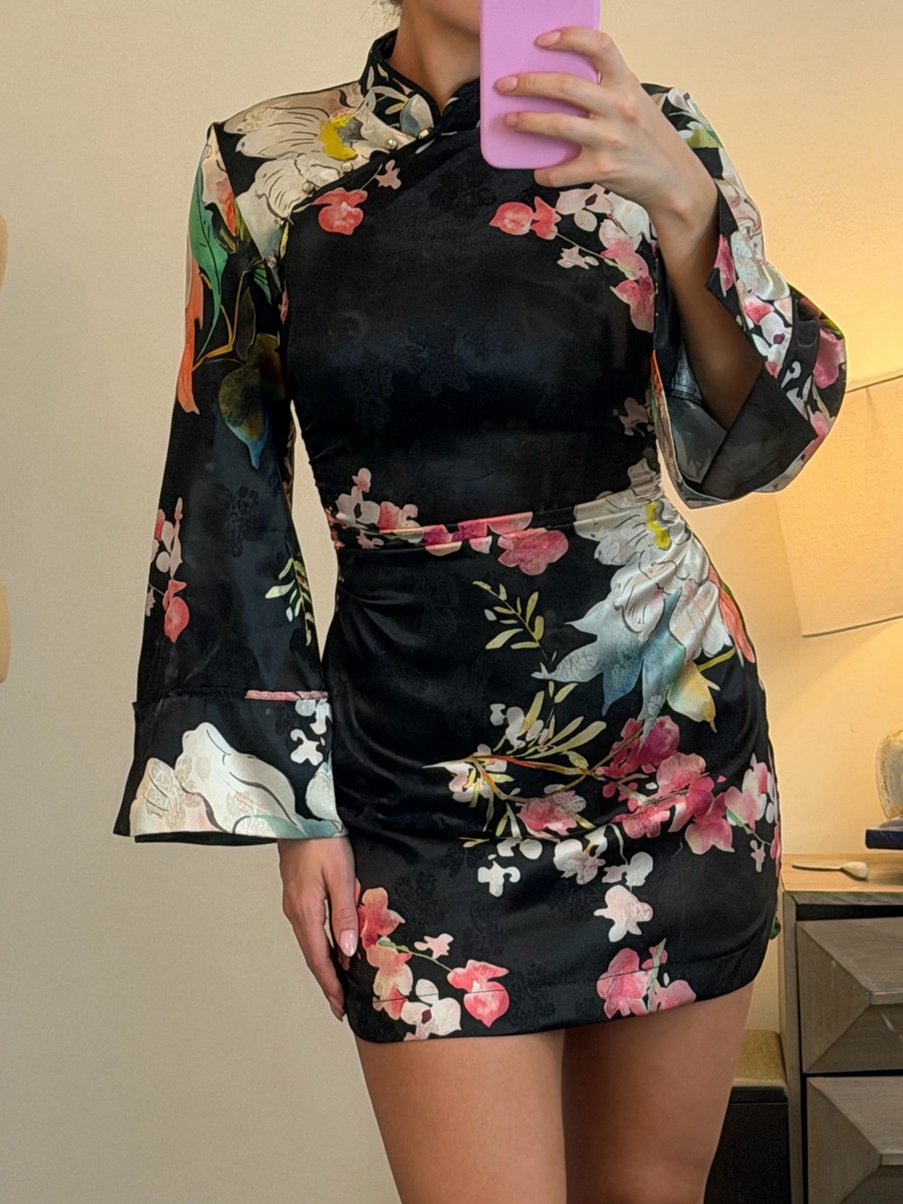 Zara Black Floral Satin Dress with Pink and Green Blooms
